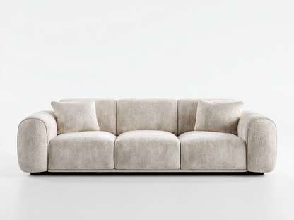 Sofá moderno de 3 plazas en tela beige con cojines incluidos y diseño minimalista