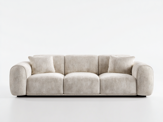 Sofá moderno de 3 plazas en tela beige con cojines incluidos y diseño minimalista