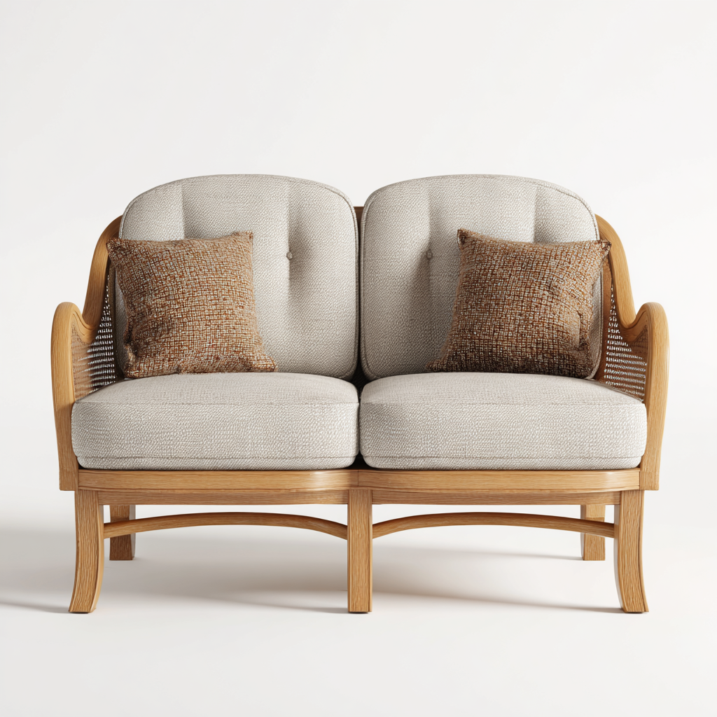 Sofá de Madera Natural de Dos Plazas con Cojines Beige y Almohadas Decorativas