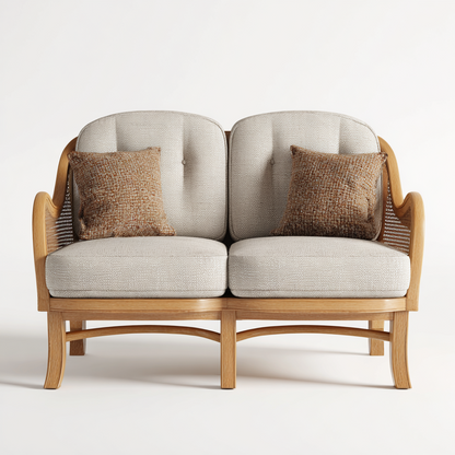 Sofá de Madera Natural de Dos Plazas con Cojines Beige y Almohadas Decorativas