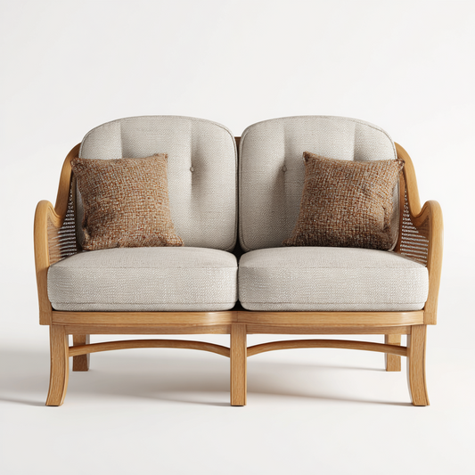 Sofá de Madera Natural de Dos Plazas con Cojines Beige y Almohadas Decorativas
