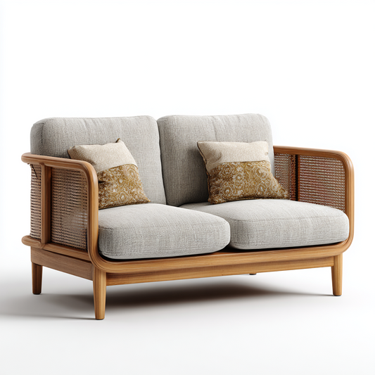 Sofá de Dos Plazas de Madera con Paneles de Ratán y Cojines Beige