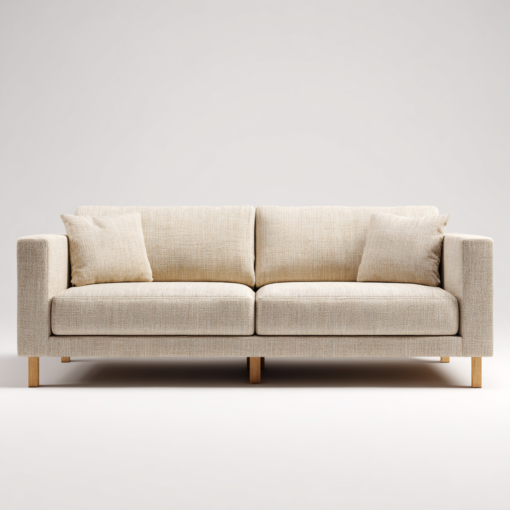 Sofá de Tres Plazas en Tela Beige con Patas de Madera