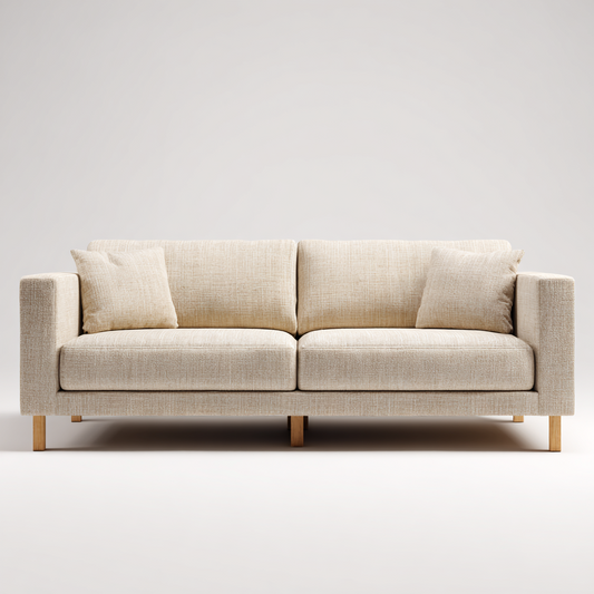 Sofá de Tres Plazas en Tela Beige con Patas de Madera