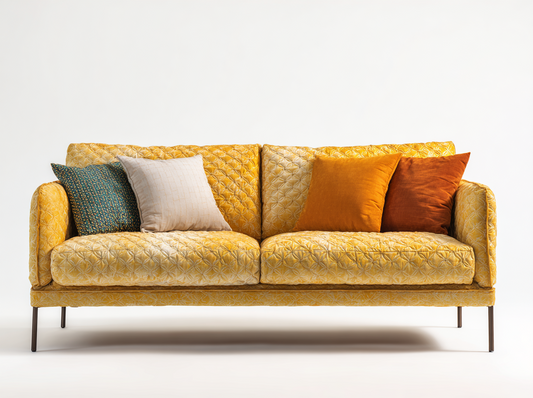 Sofá Acolchado Amarillo de 3 Plazas con Cojines Decorativos