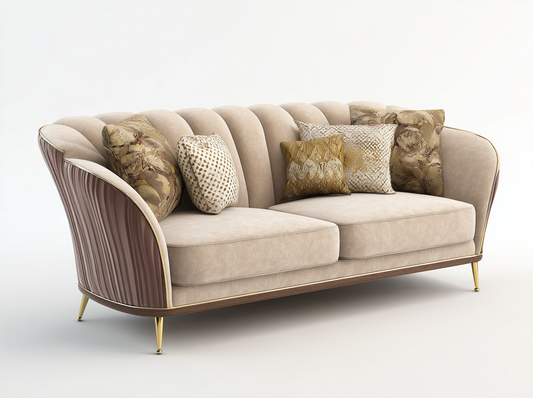 Sofá de Lujo Beige y Marrón con Patas Doradas y Cojines Decorativos