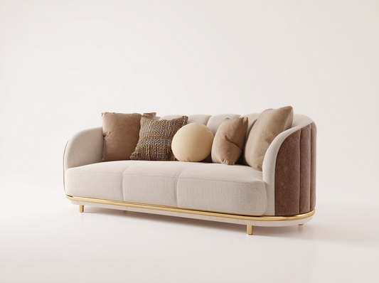 Sofá Moderno Beige y Marrón con Base Dorada y Cojines Decorativos