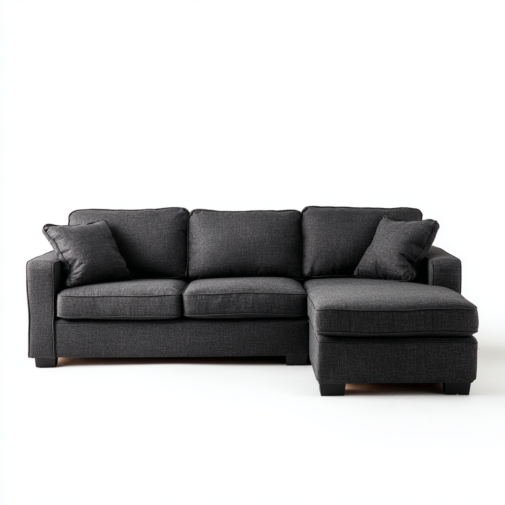 Sofá Chaise Longue de Tres Plazas en Tela Gris Oscuro con Cojines