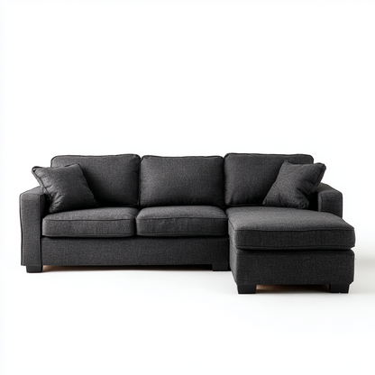 Sofá Chaise Longue de Tres Plazas en Tela Gris Oscuro con Cojines