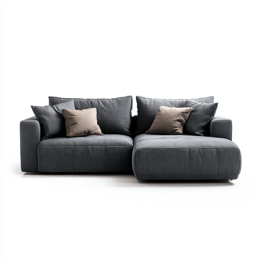 Sofá Chaise Longue de Dos Plazas en Tela Gris con Cojines Decorativos