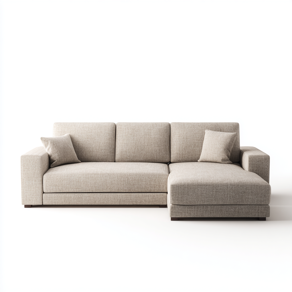 Sofá Chaise Longue de Tres Plazas en Tela Beige con Brazos Rectos