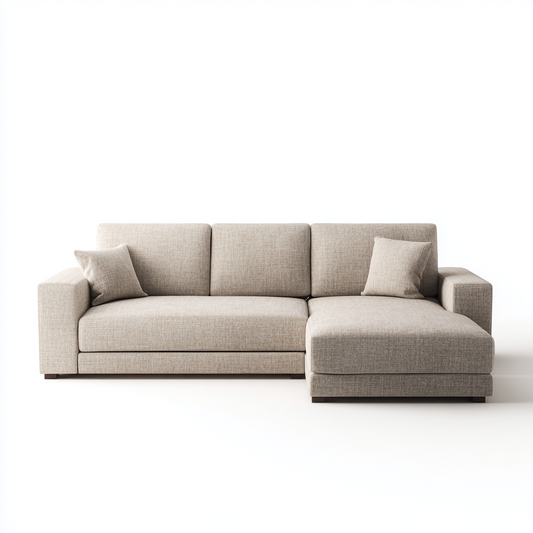 Sofá Chaise Longue de Tres Plazas en Tela Beige con Brazos Rectos