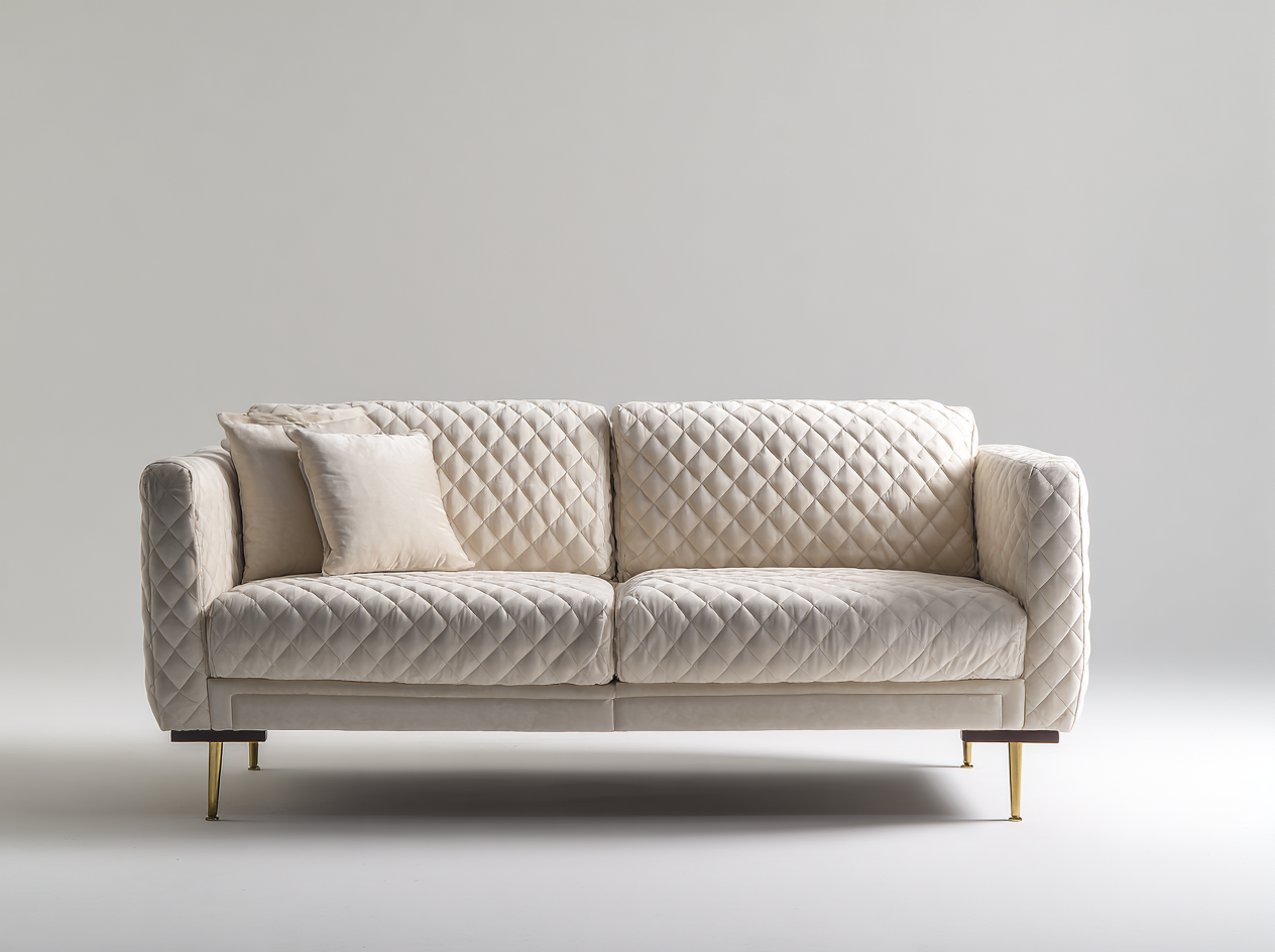 Sofá Moderno Beige Acolchado con Patas Doradas y Cojines Decorativos