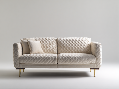 Sofá Moderno Beige Acolchado con Patas Doradas y Cojines Decorativos