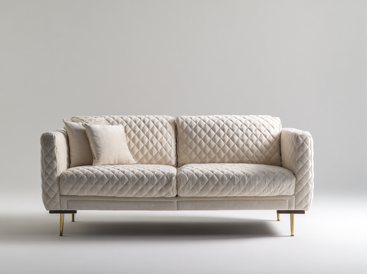 Sofá Moderno Beige Acolchado con Patas Doradas y Cojines Decorativos