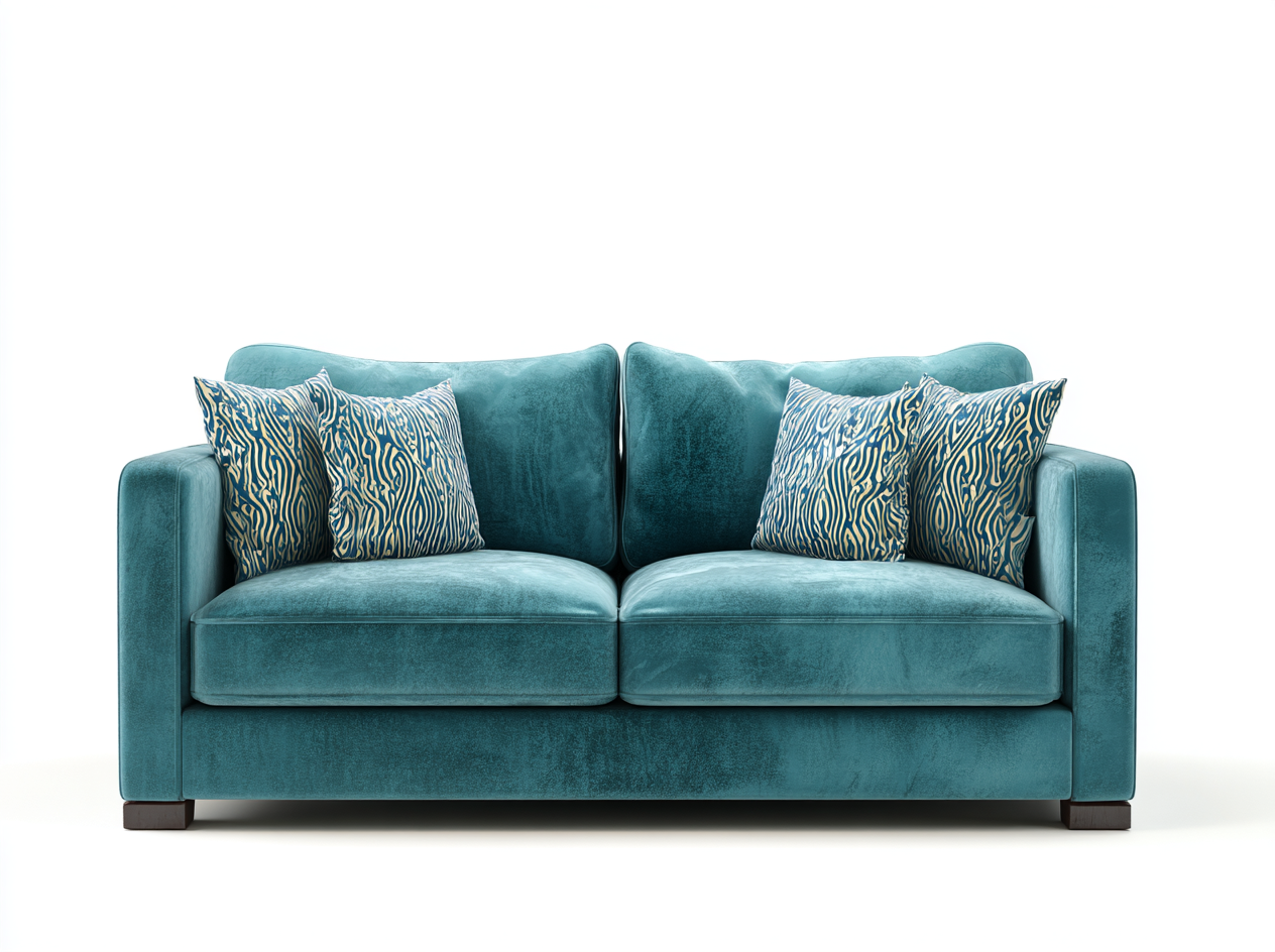 Sofá Moderno de Terciopelo Azul Turquesa de Dos Plazas con Cojines Decorativos