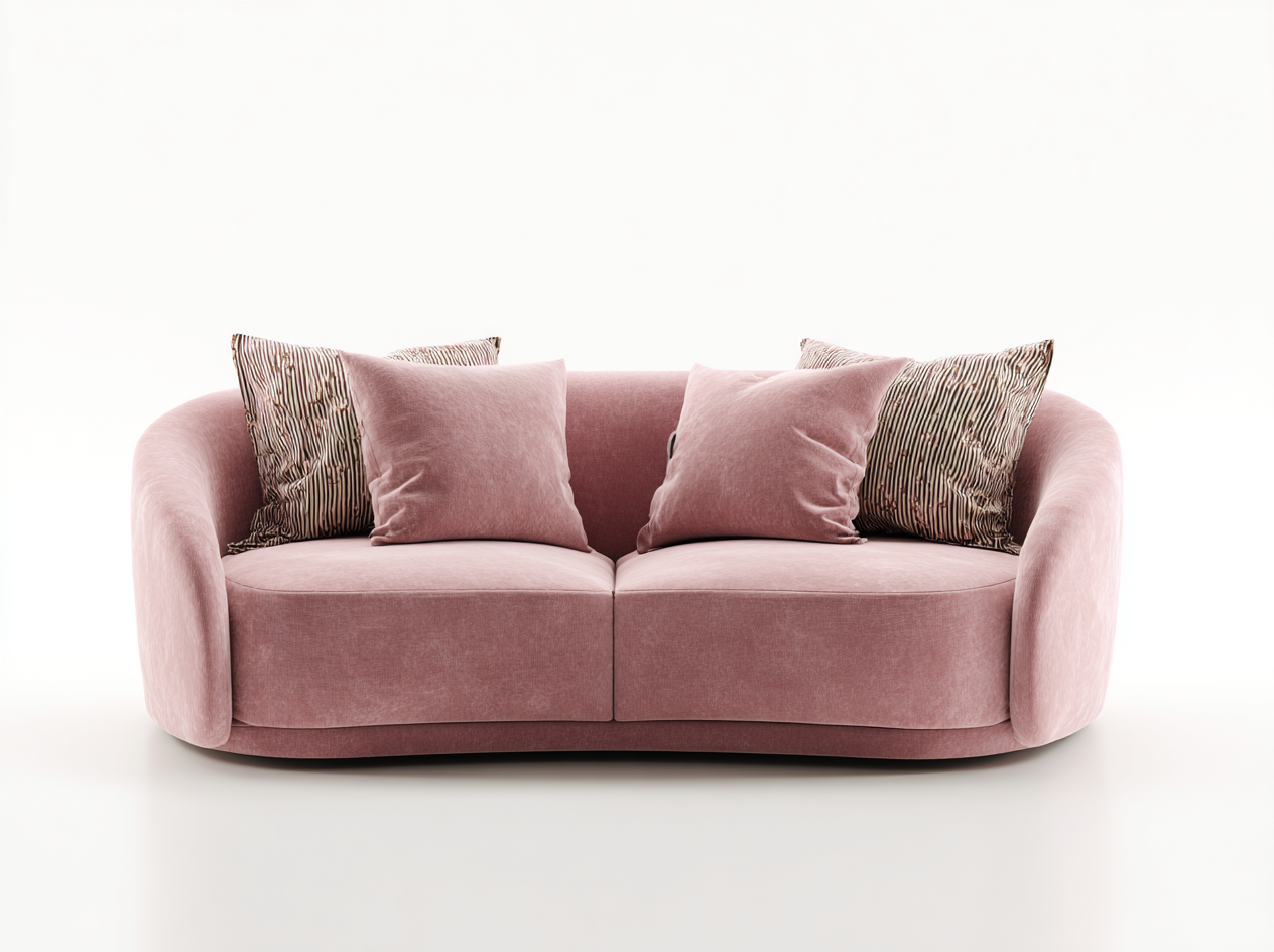 Sofá Moderno Curvo de 3 Plazas en Terciopelo Rosa con Cojines Decorativos
