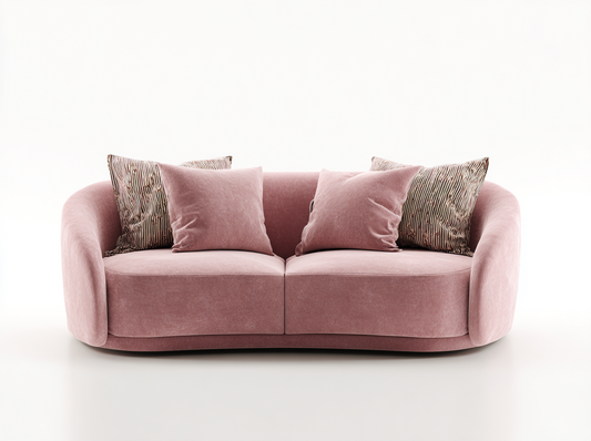 Sofá Moderno Curvo de 3 Plazas en Terciopelo Rosa con Cojines Decorativos