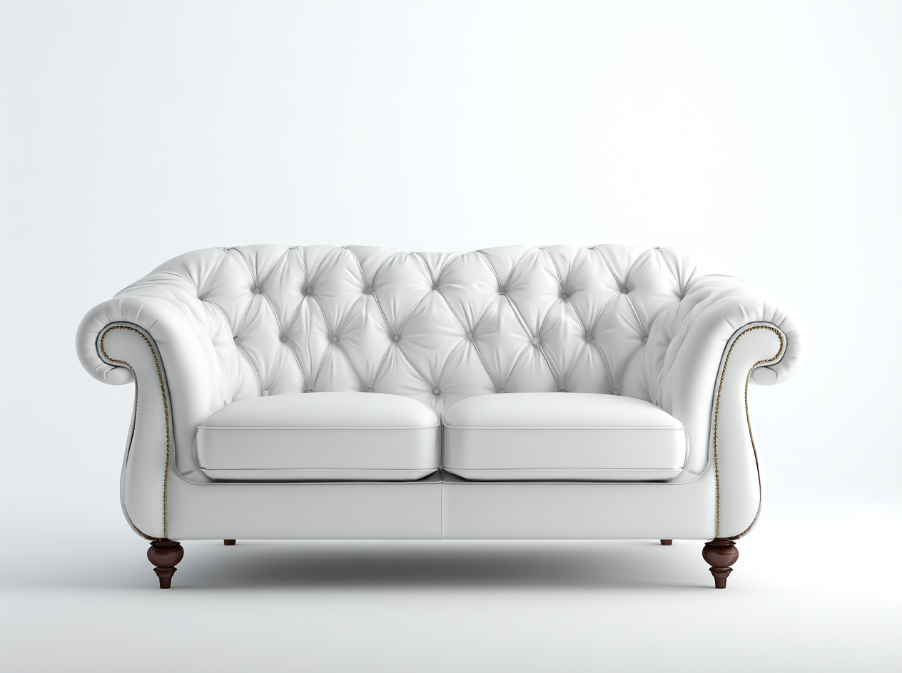 Sofá Chesterfield de 2 Plazas en Piel Blanca con Patas de Madera