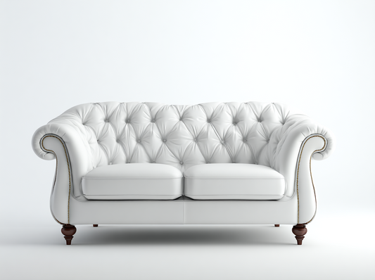 Sofá Chesterfield de 2 Plazas en Piel Blanca con Patas de Madera