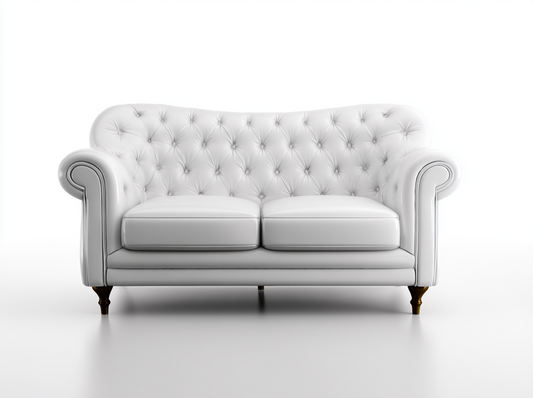 Sofá Chesterfield Clásico de 2 Plazas en Piel Blanca con Patas de Madera