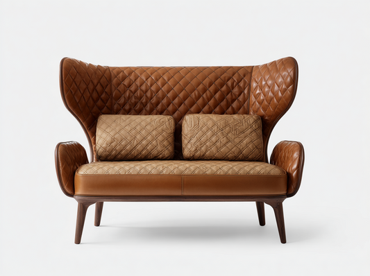 Sofá Wingback de 2 Plazas en Cuero Marrón con Respaldo Alto Acolchado