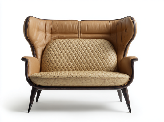 Sofá Wingback de 2 Plazas en Cuero Beige y Marrón con Respaldo Alto
