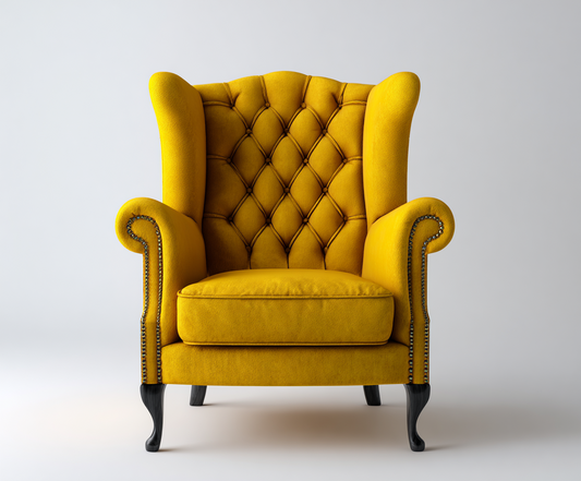 Sillón Orejero Clásico de Terciopelo Amarillo con Patas de Madera