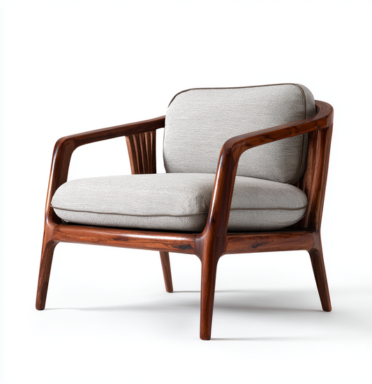 Sillón Moderno de Madera Maciza con Cojines de Tela Beige