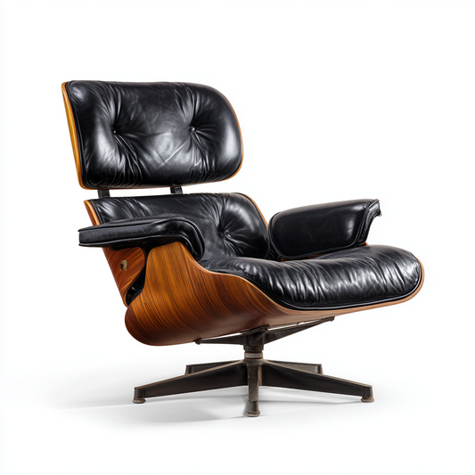 Sillón de Descanso Moderno en Madera y Cuero Negro con Base Giratoria