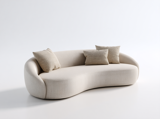 Sofá Curvo de 3 Plazas en Tela Beige con Cojines Decorativos
