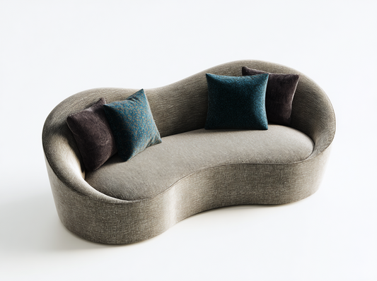 Sofá Curvo de 3 Plazas en Tela Gris con Cojines Decorativos