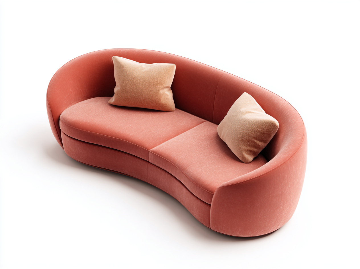 Sofá Curvo de 3 Plazas en Tela Rosa con Cojines Decorativos