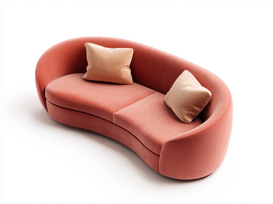 Sofá Curvo de 3 Plazas en Tela Rosa con Cojines Decorativos