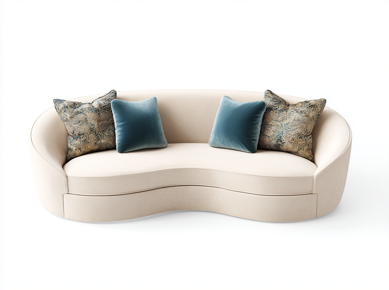 Sofá Curvo de 3 Plazas en Tela Beige con Cojines Decorativos