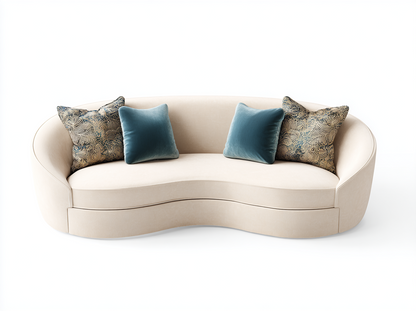 Sofá Curvo de 3 Plazas en Tela Beige con Cojines Decorativos