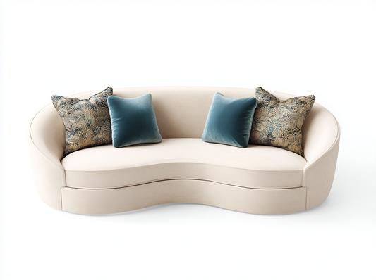 Sofá Curvo de 3 Plazas en Tela Beige con Cojines Decorativos